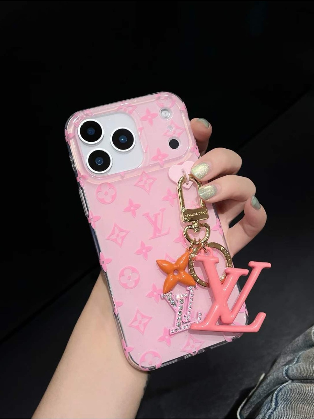17 pro max Pink Designer Monogram iPhone Case with Charm Keyring